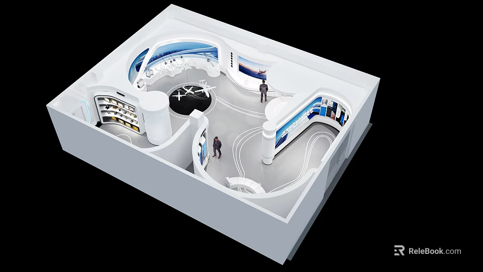 Contemporary Exhibition Booth Interior With White Curved Structure Blue Displays Shelves And Visitors 3d model 