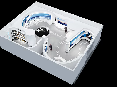 Contemporary Exhibition Booth Interior With White Curved Structure Blue Displays Shelves And Visitors 3d model