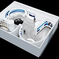 Contemporary Exhibition Booth Interior With White Curved Structure Blue Displays Shelves And Visitors