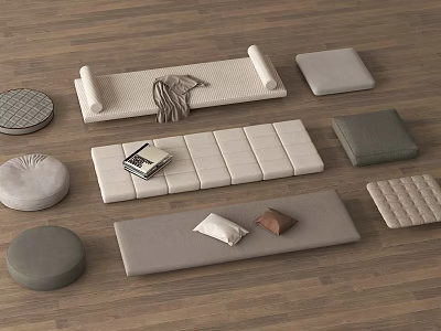 Neutral Colored Home Living Cushions With Various Shapes And Textured Fabrics On Wooden Floor 3d model