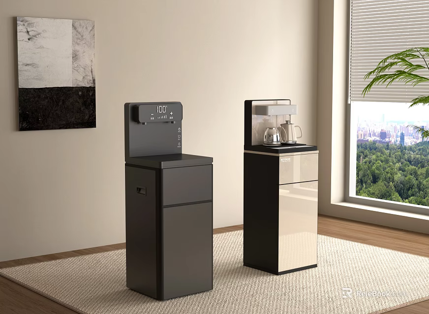 Modern Standing Black And Silver Household Appliances In Room With Window Green View And Rug 3d model 