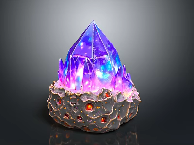 Vibrant Glowing Purple Crystal Sculpture With Rock Base And Red Highlights 3d model