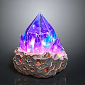 Vibrant Glowing Purple Crystal Sculpture With Rock Base And Red Highlights