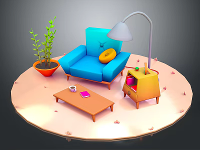 Cartoon Scene With Blue Sofa Yellow Cushion White Floor Lamp And Brown Coffee Table 3d model