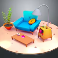 Cartoon Scene With Blue Sofa Yellow Cushion White Floor Lamp And Brown Coffee Table
