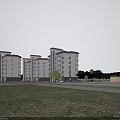 Modern Mid Rise Residential Building with Large Windows Brown Roof Lawn Shrubs and Parked Cars