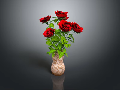 Beautiful Red Roses in Patterned Vase with Green Leaves on Dark Background 3d model