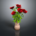 Beautiful Red Roses in Patterned Vase with Green Leaves on Dark Background