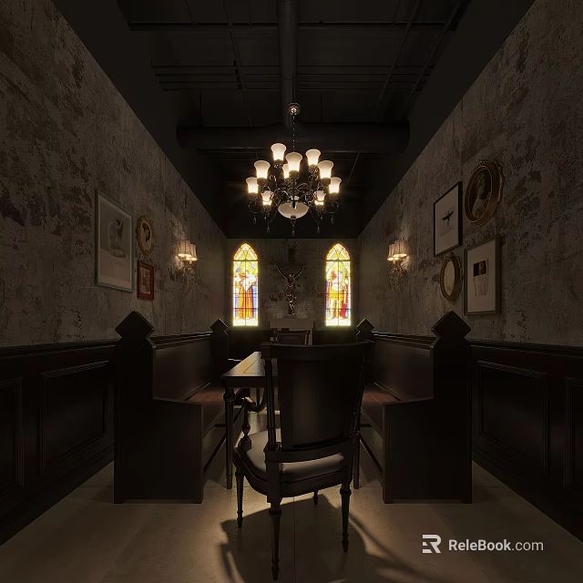 Vintage Restaurant Interior With Stained Glass Windows Ornate Chandelier And Bench Seating 3d model 