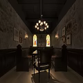 Vintage Restaurant Interior With Stained Glass Windows Ornate Chandelier And Bench Seating