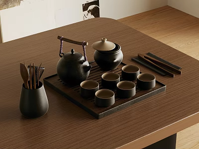 Traditional Tea Set With Teapot Cups Chopsticks And Tray On Wooden Table 3d model
