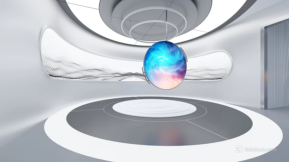 Futuristic Interior Space With Floating Colorful Sphere And Circular Design Elements 3d model