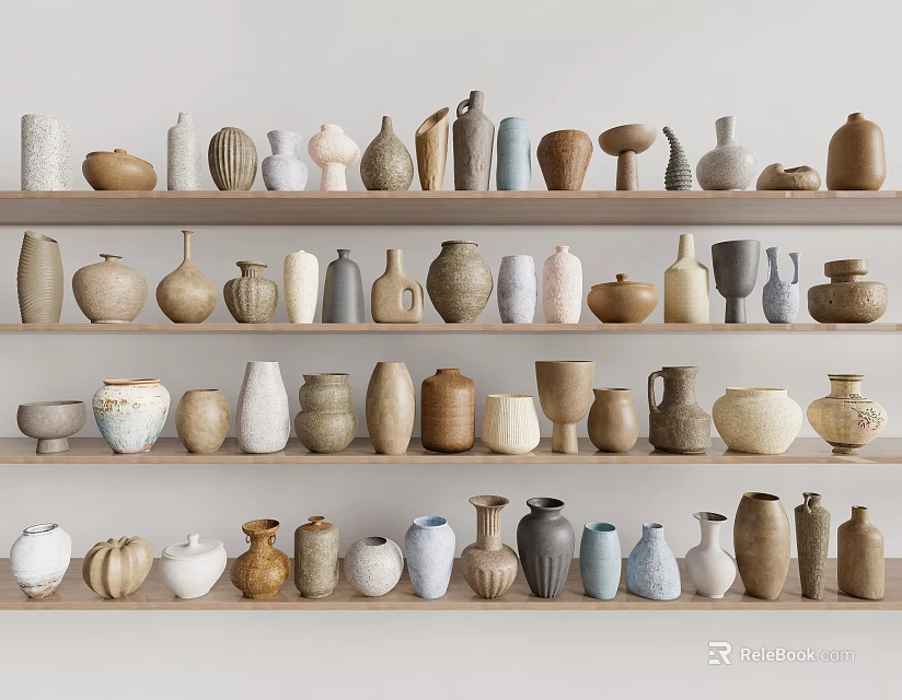 Ceramic Vessels Collection On Wooden Shelves With Various Shapes And Colors 3d model 