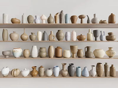 Ceramic Vessels Collection On Wooden Shelves With Various Shapes And Colors 3d model