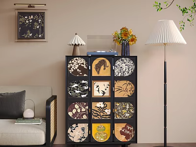 Stylish Entryway Cabinet Sideboard with Floral Animal Patterns Vase Flowers Floor Lamp and Decorative Painting 3d model
