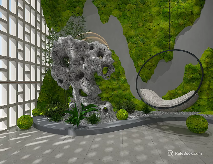 Modern Garden Design With Moss Wall Gray Stone Round Hanging Chair And Small Green Plants 3d model 