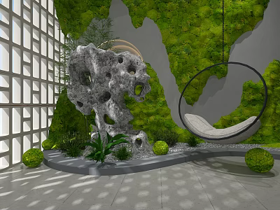Modern Garden Design With Moss Wall Gray Stone Round Hanging Chair And Small Green Plants 3d model