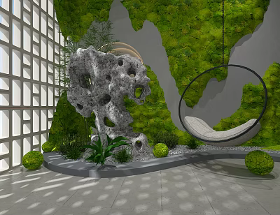 Modern Garden Design With Moss Wall Gray Stone Round Hanging Chair And Small Green Plants 3d model