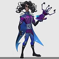 Character In Purple Blue Outfit With Long Hair Holding Small Robotic Creature With Mechanical Features