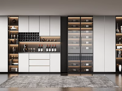 Modern Wine Cabinet Design With Glass Doors Multiple Shelves And Wine Storage 3d model