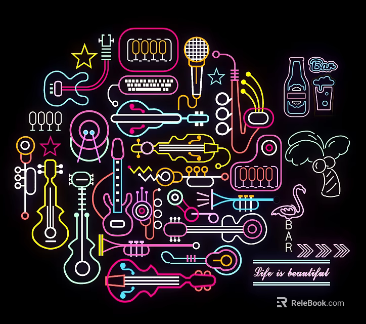 Colorful Decorative Neon Lights Featuring Guitar Microphone Wine Bottle Stars and Flamingo 3d model 