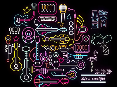 Colorful Decorative Neon Lights Featuring Guitar Microphone Wine Bottle Stars and Flamingo 3d model
