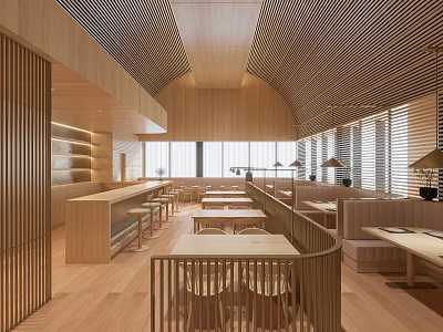 Wooden Modern Restaurant Interior With Bar Counter Dining Tables Natural Lighting And Seating Area 3d model