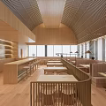Wooden Modern Restaurant Interior With Bar Counter Dining Tables Natural Lighting And Seating Area