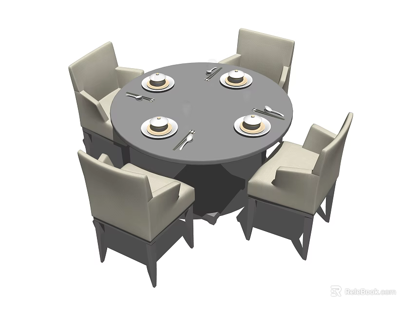 Modern Round Dining Table Set With Four Beige Upholstered Chairs And Plates 3d model 