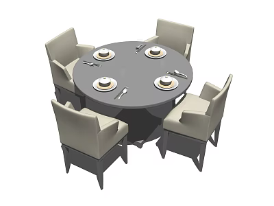 Modern Round Dining Table Set With Four Beige Upholstered Chairs And Plates 3d model