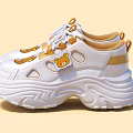 Trendy White Lace Up Platform Sneakers With Cute Bear Designs And Yellow Accents