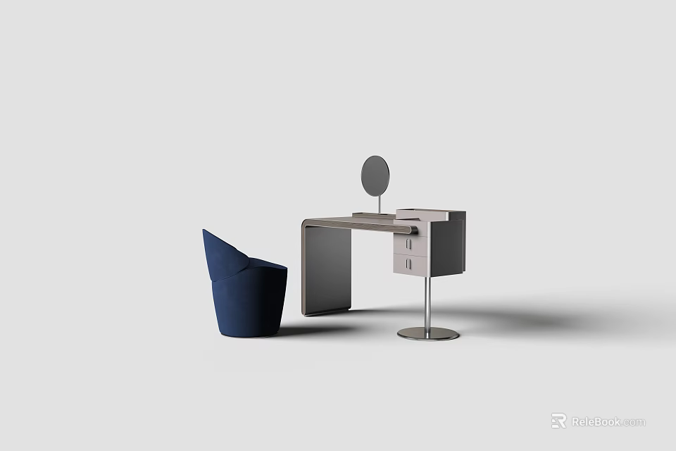 Modern Dressing Table With Round Mirror Blue Chair And Drawers 3d model