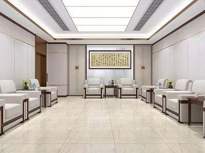 Elegant New Chinese Style Meeting Room With Comfortable Fabric Sofa Sets And Classical Calligraphy Decor 3d model