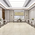 Elegant New Chinese Style Meeting Room With Comfortable Fabric Sofa Sets And Classical Calligraphy Decor