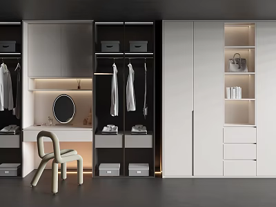 Modern Wardrobe with Hanging Area Drawers Lighting and Dressing Table Chair 3d model