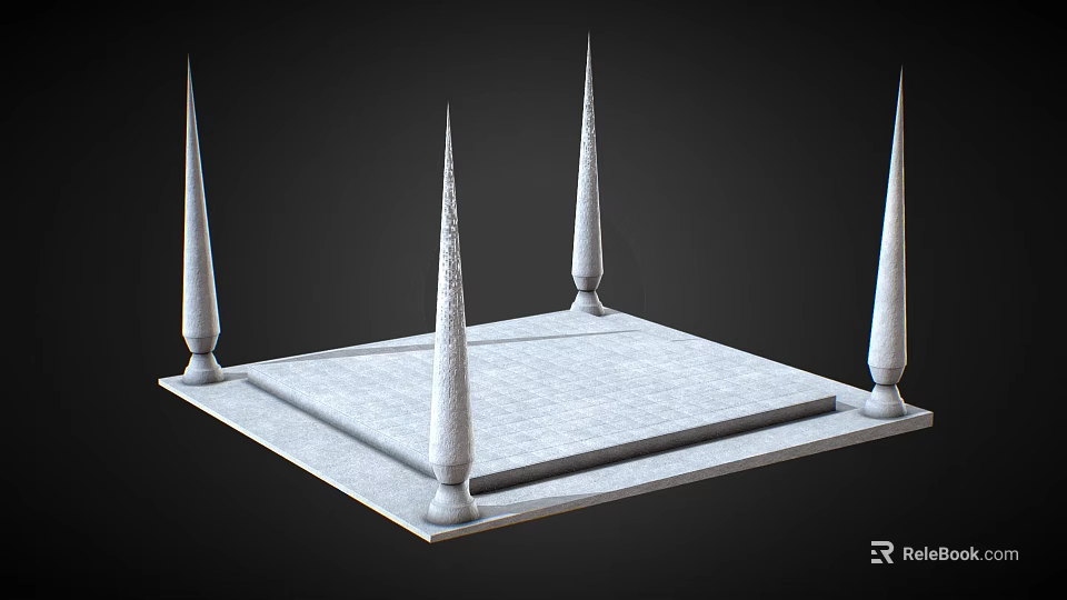 Stone Square Platform Structure With Four Conical Spires And Smooth Surface Design 3d model