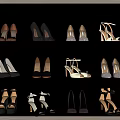 Various Style Shoes Neatly Arranged in Shoe Cabinet With High Heels And Sandals