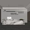 Modern Reception Area Design With Marble Desk Hanging Lighting And Logo Backdrop 3d model