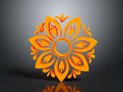 Intricate Artistic Orange Symmetrical Floral Decorative Design With Petals And Circular Center 3d model
