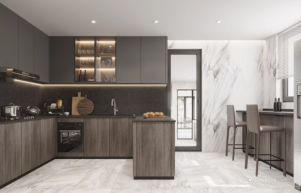 Modern Kitchen Interior With Gray Cabinets Wooden Island And Stainless Steel Appliances 3d model 