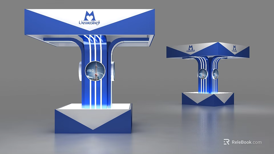 Lianfeng Modern Exhibition Booth Design With Blue White Structure And Display Screens 3d model 
