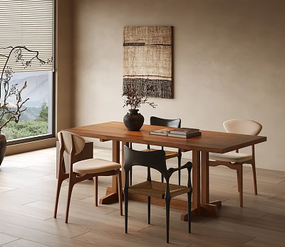 Modern Wooden Dining Table With Mixed Chairs In Interior With Vase Books And Mountain View 3d model