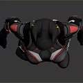 Futuristic Warrior Character In White Black Armored Outfit With Red Helmet And Flame Patterns
