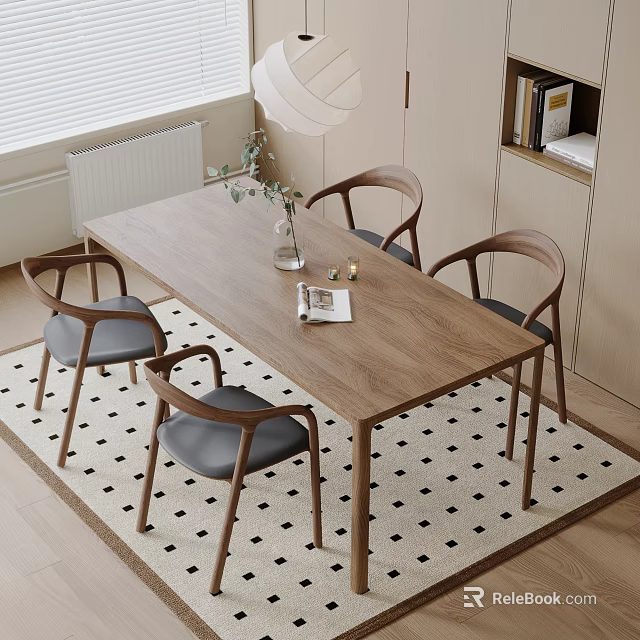 Wooden Dining Table Set With Four Gray Chairs Plant Vase Magazine Candles On Checkered Rug 3d model 