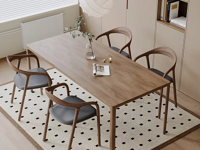 Wooden Dining Table Set With Four Gray Chairs Plant Vase Magazine Candles On Checkered Rug 3d model