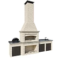 Outdoor Brick Kitchen With Black Countertop Chimney Faucet And Lid Covered Grill
