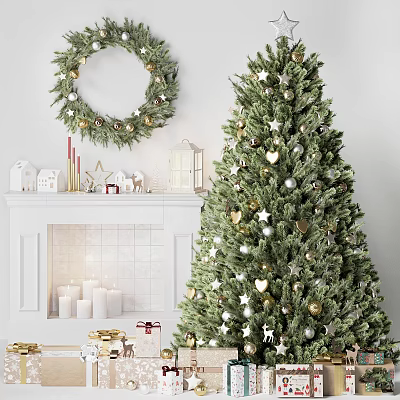 Festive Home Christmas Decorations With Decorated Tree Wreath Fireplace Candles And Gifts 3d model