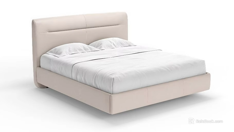 Modern Upholstered Double Bed with Light Colored Headboard and White Sheets 3d model
