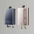 Two Wall Mounted Navy Blue and White Household Appliances with Digital Displays on Striped Wall