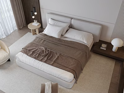 Modern Double Bed With Upholstered Headboard Neutral Bedspread Nightstand And Table Lamp On Area Rug 3d model